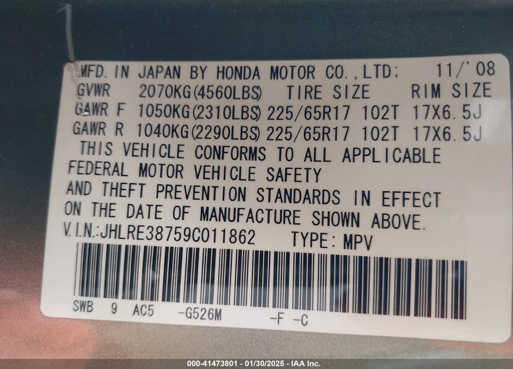 2009 HONDA CR-V EX-L VIN: JHLRE38759C011862