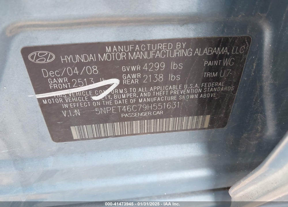 2009 HYUNDAI SONATA VIN: 5NPET46C79H551631