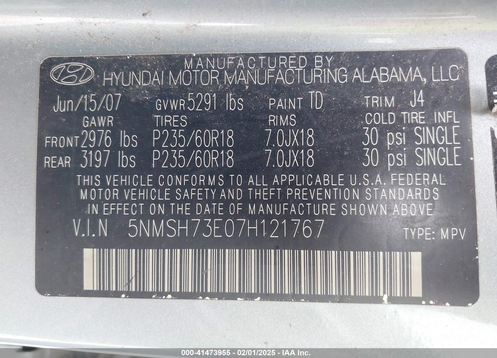 2007 HYUNDAI SANTA FE LIMITED/SE VIN: 5NMSH73E07H121767