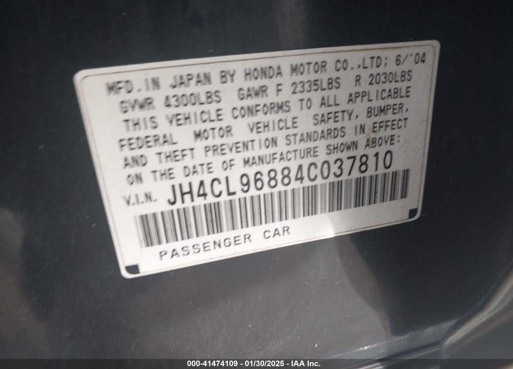 2004 ACURA TSX VIN: JH4CL96884C037810