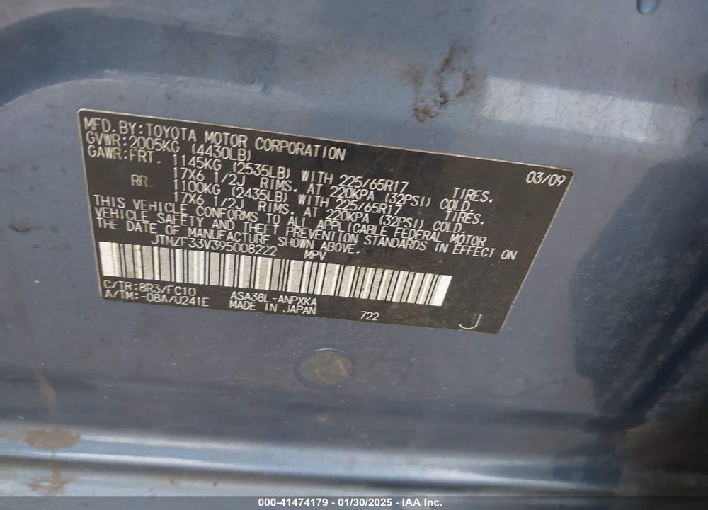 2009 TOYOTA RAV4 VIN: JTMZF33V395008222