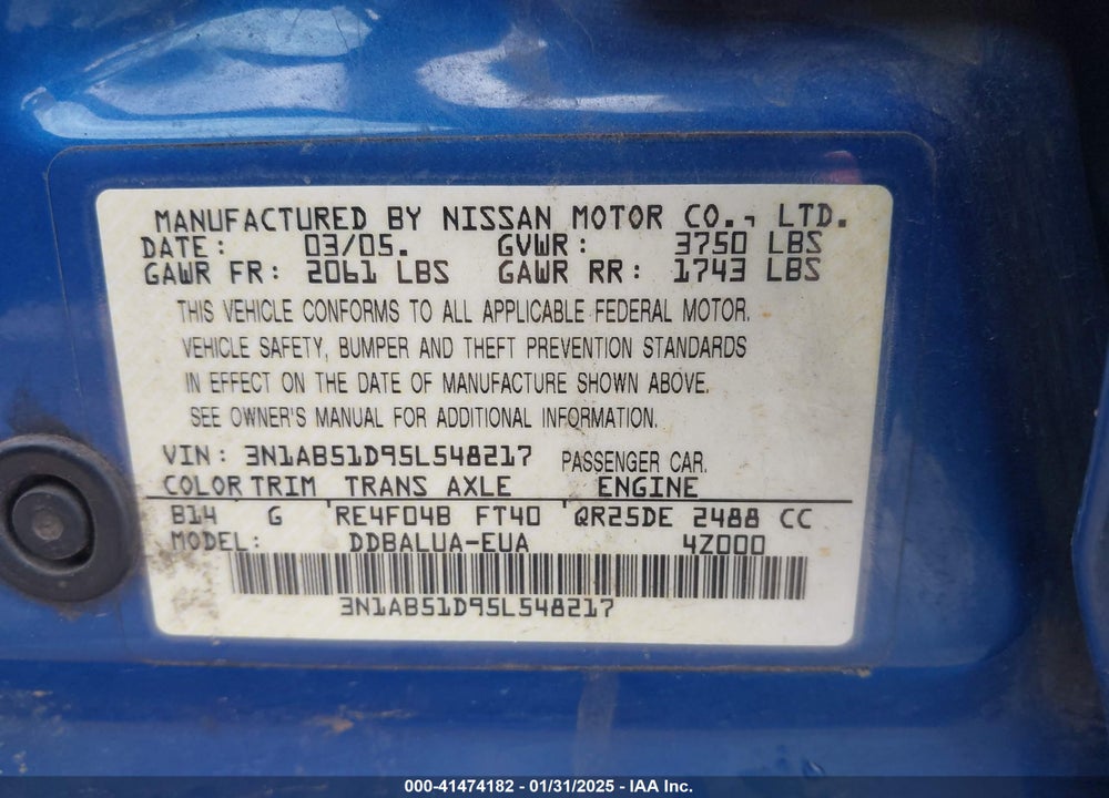 2005 NISSAN SENTRA SE-R VIN: 3N1AB51D95L548217