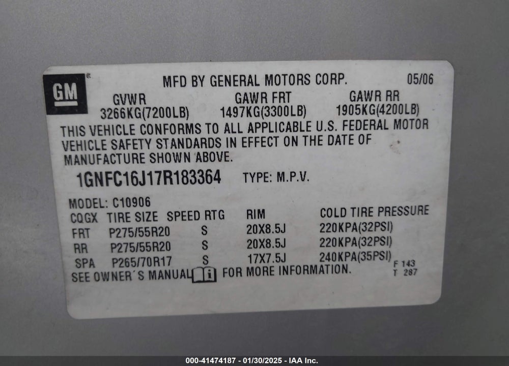 2007 CHEVROLET SUBURBAN 1500 LTZ VIN: 1GNFC16J17R183364