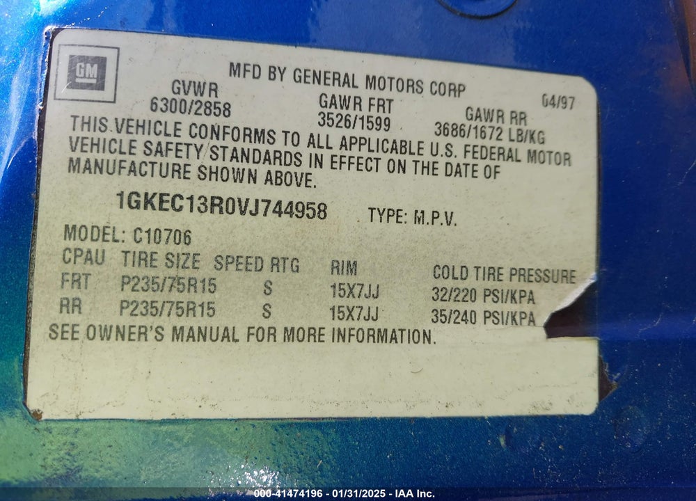 1997 GMC YUKON SLE VIN: 1GKEC13R0VJ744958