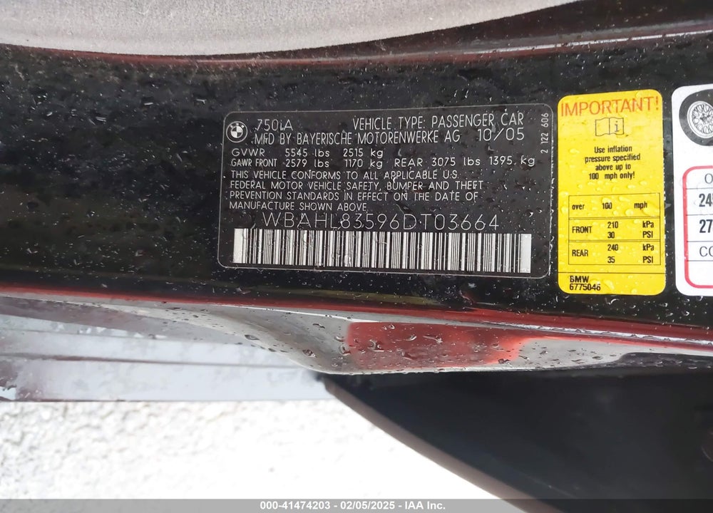 2006 BMW 750I VIN: WBAHL83596DT03664