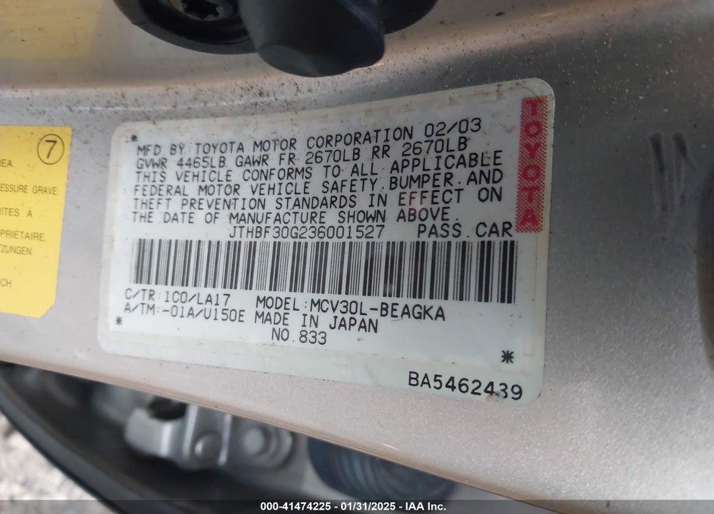 2003 LEXUS ES 300 VIN: JTHBF30G236001527