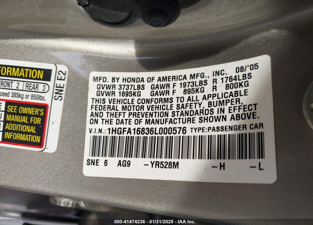 2006 HONDA CIVIC EX VIN: 1HGFA16836L000576