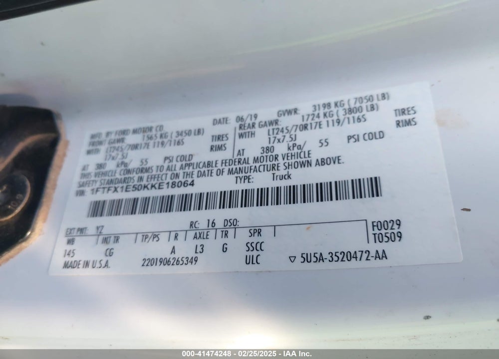 2019 FORD F-150 VIN: 1FTFX1E50KKE18064