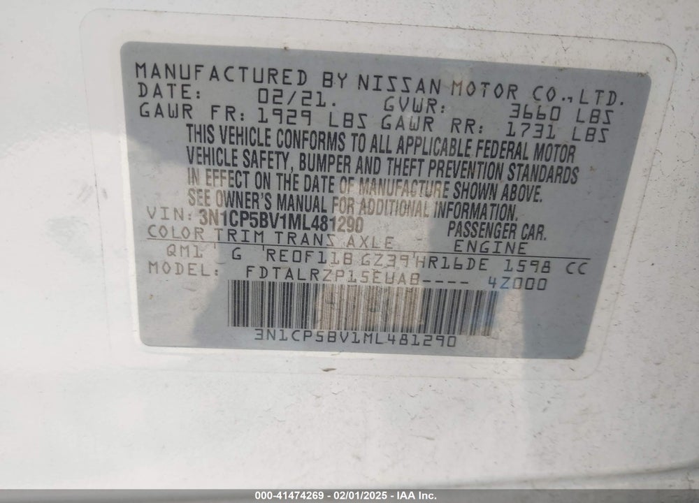 2021 NISSAN KICKS S XTRONIC CVT VIN: 3N1CP5BV1ML481290