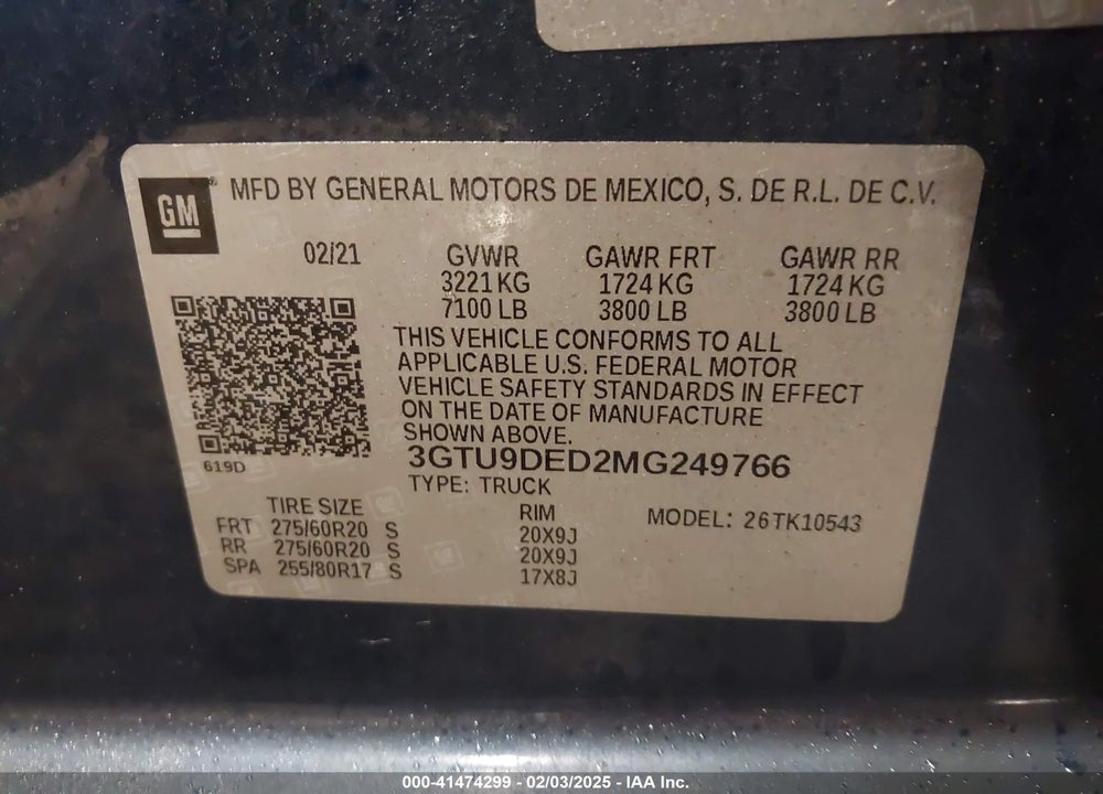 2021 GMC SIERRA K1500 SLT VIN: 3GTU9DED2MG249766