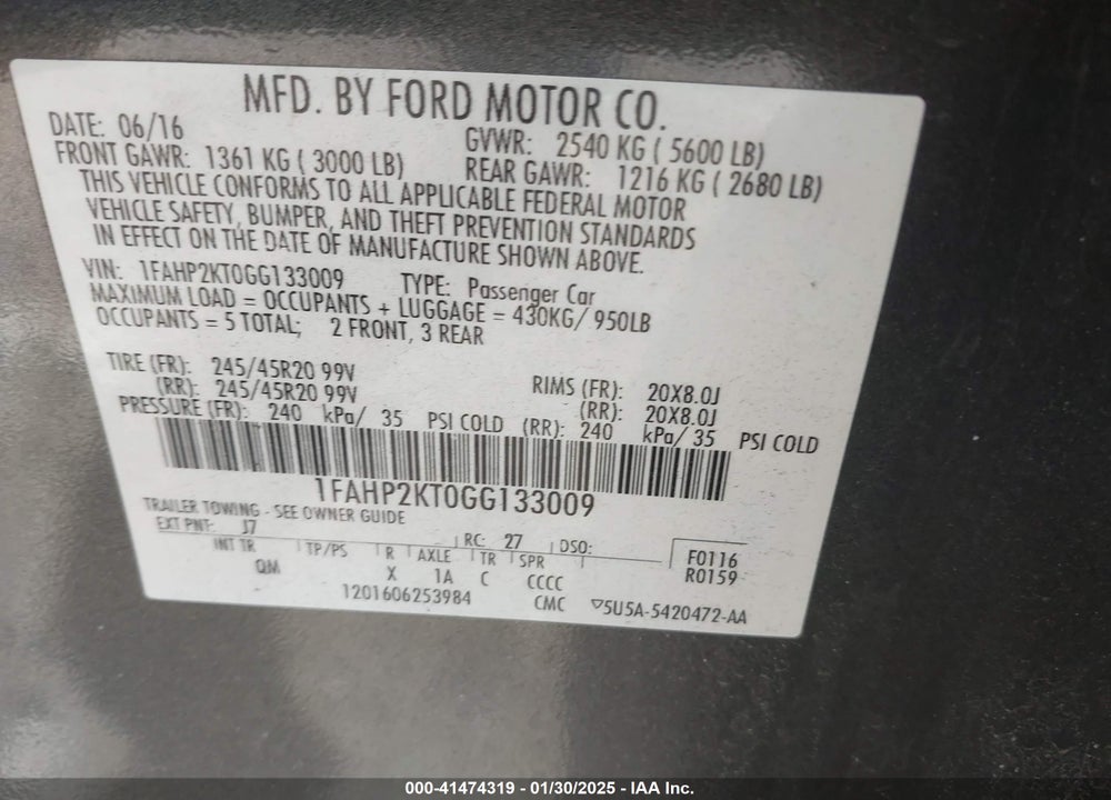 2016 FORD TAURUS VIN: 1FAHP2KT0GG133009