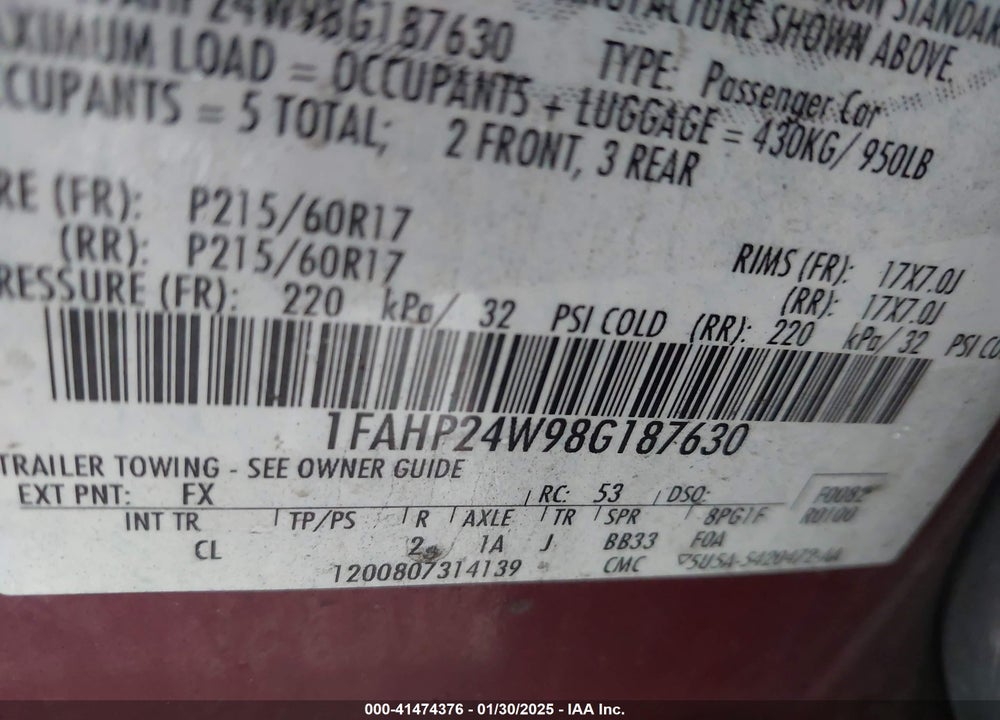 2008 FORD TAURUS SEL VIN: 1FAHP24W98G187630