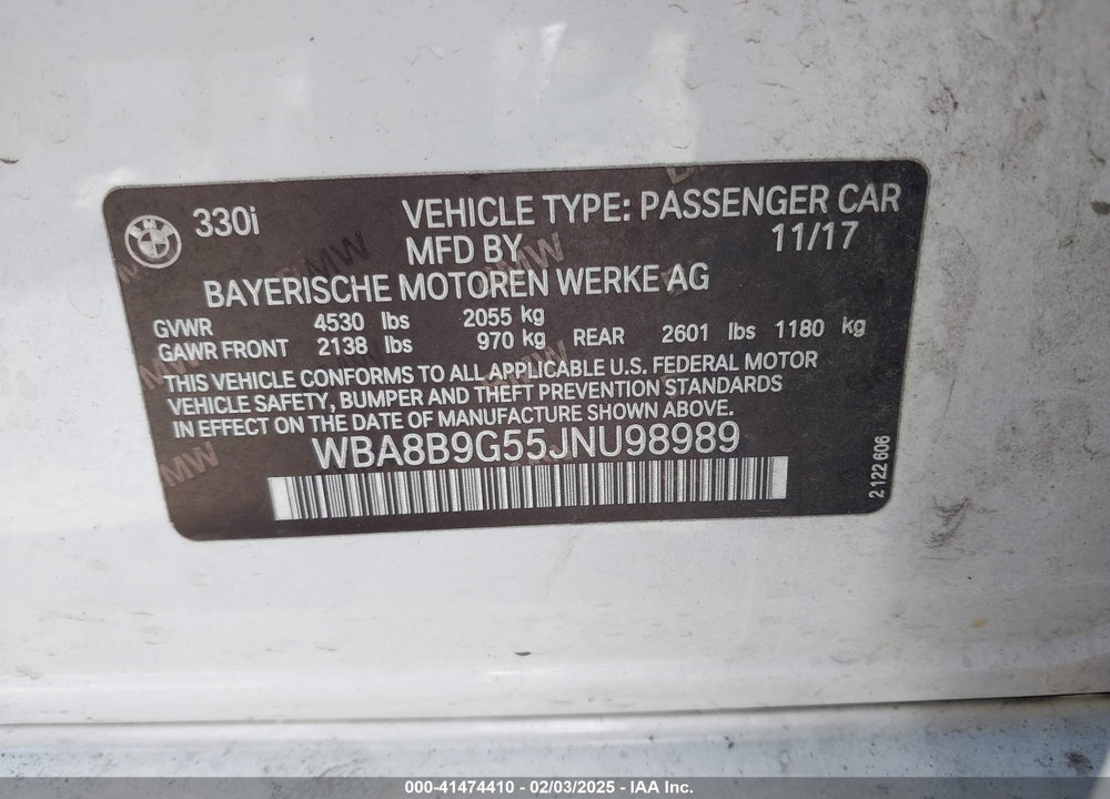 2018 BMW 330I VIN: WBA8B9G55JNU98989