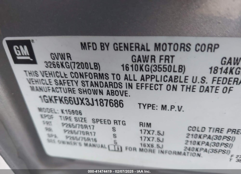 2003 GMC YUKON XL 1500 DENALI VIN: 1GKFK66UX3J187686
