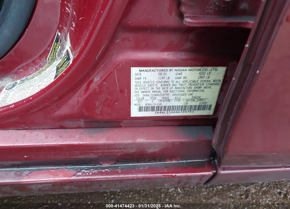2006 NISSAN ALTIMA 2.5 S VIN: 1N4AL11D66N304793