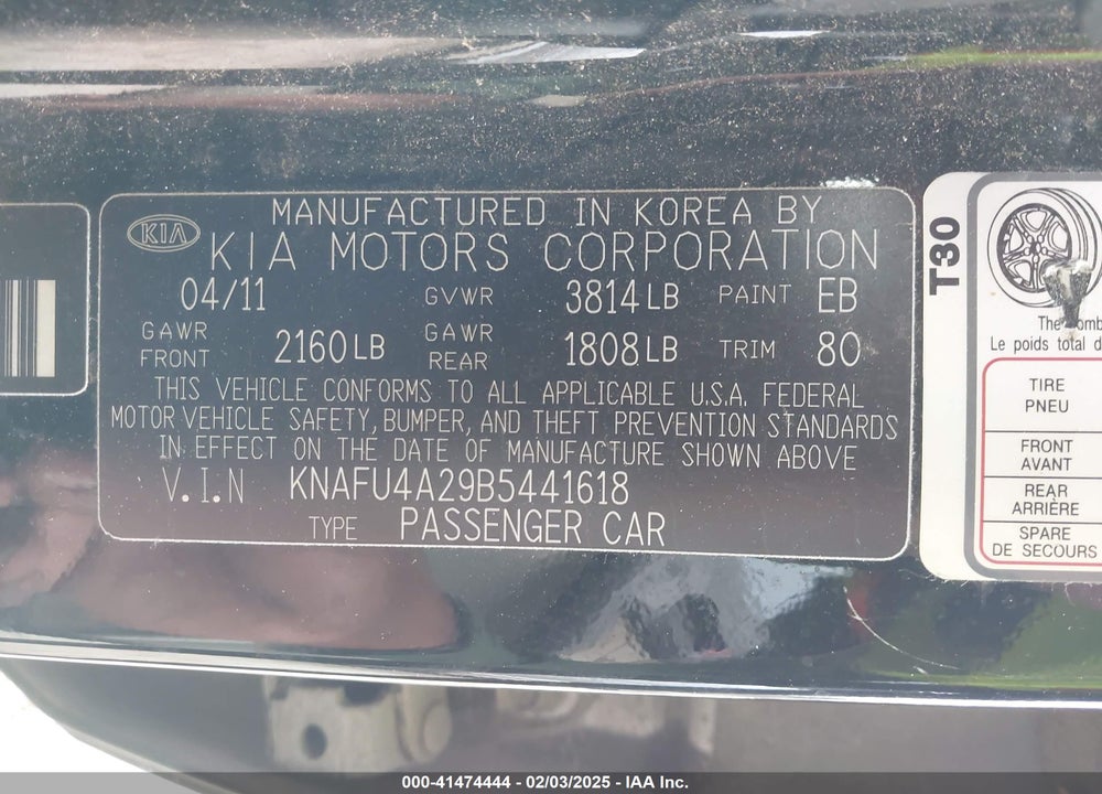2011 KIA FORTE VIN: KNAFU4A29B5441618