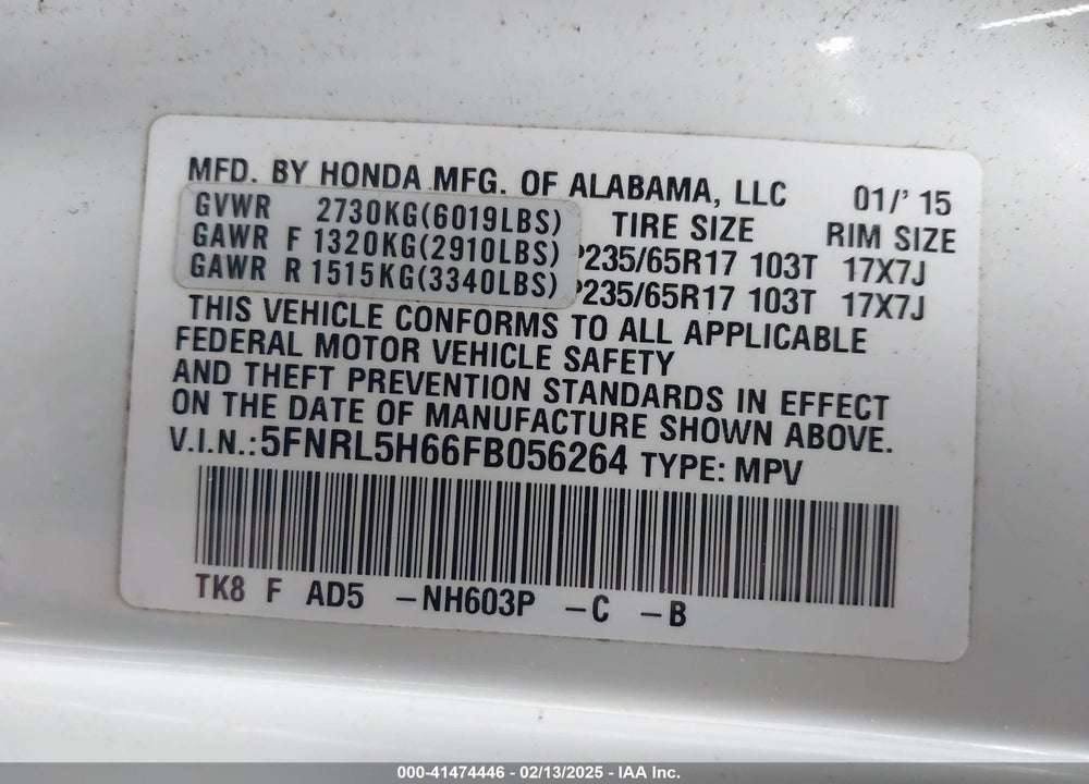 2015 HONDA ODYSSEY EX-L VIN: 5FNRL5H66FB056264