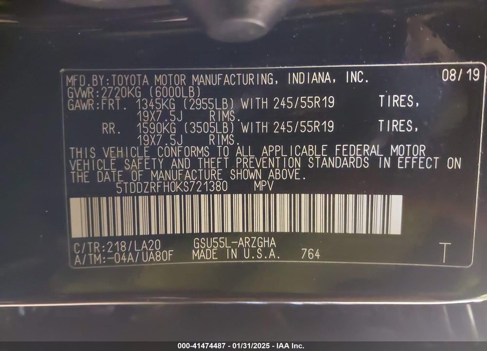 2019 TOYOTA HIGHLANDER LIMITED VIN: 5TDDZRFH0KS721380