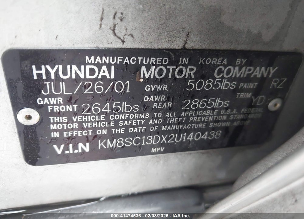 2002 HYUNDAI SANTA FE VIN: KM8SC13DX2U140438