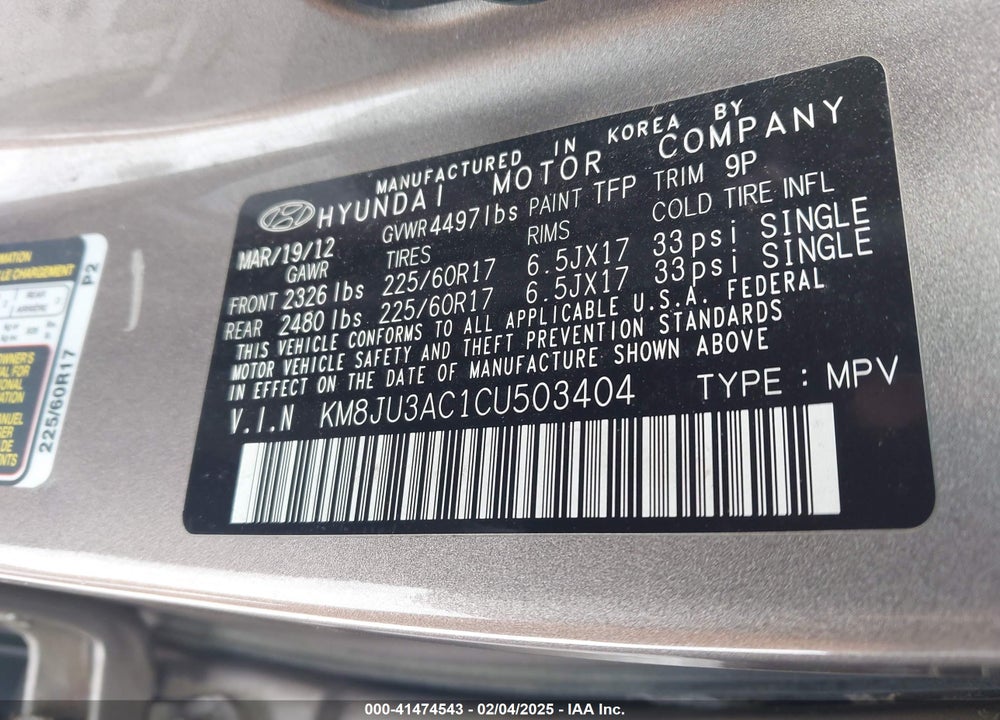 2012 HYUNDAI TUCSON GLS VIN: KM8JU3AC1CU503404
