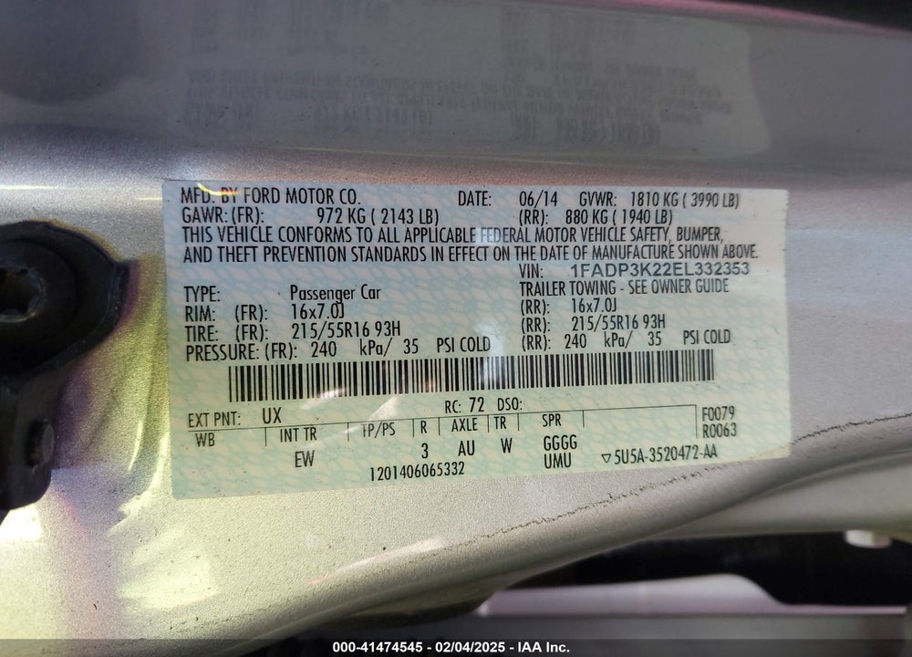 2014 FORD FOCUS VIN: 1FADP3K22EL332353