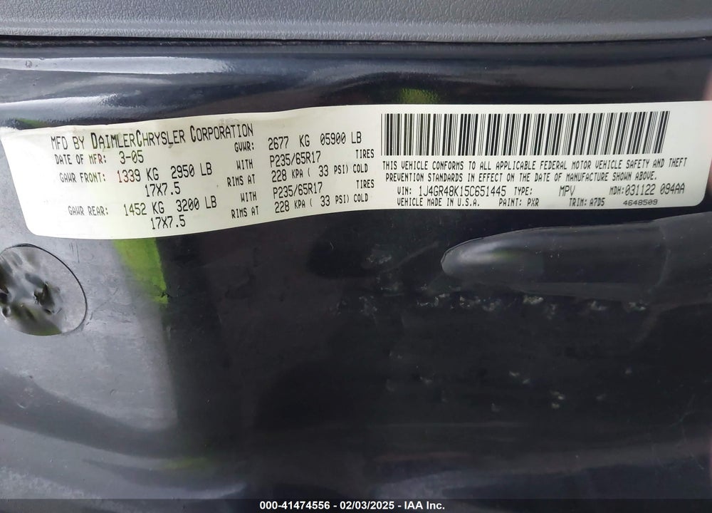 2005 JEEP GRAND CHEROKEE LAREDO VIN: 1J4GR48K15C651445