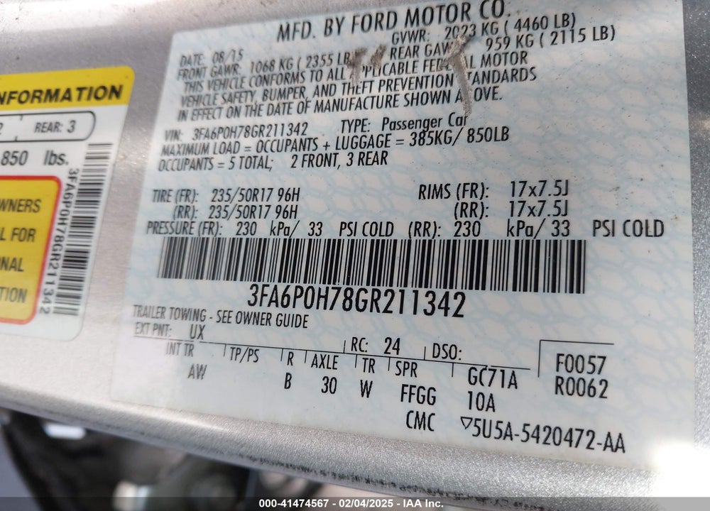 2016 FORD FUSION VIN: 3FA6P0H78GR211342