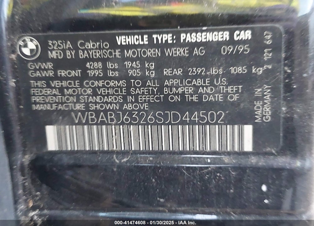 1995 BMW 325 IC AUTOMATIC VIN: WBABJ6326SJD44502