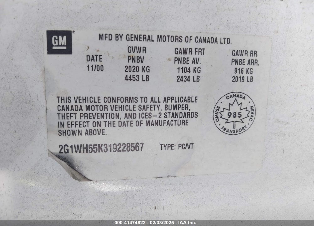 2001 CHEVROLET IMPALA LS VIN: 2G1WH55K319228567