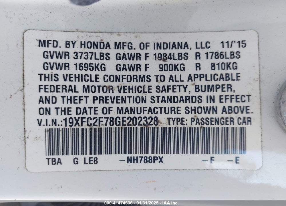 2016 HONDA CIVIC VIN: 19XFC2F78GE202328