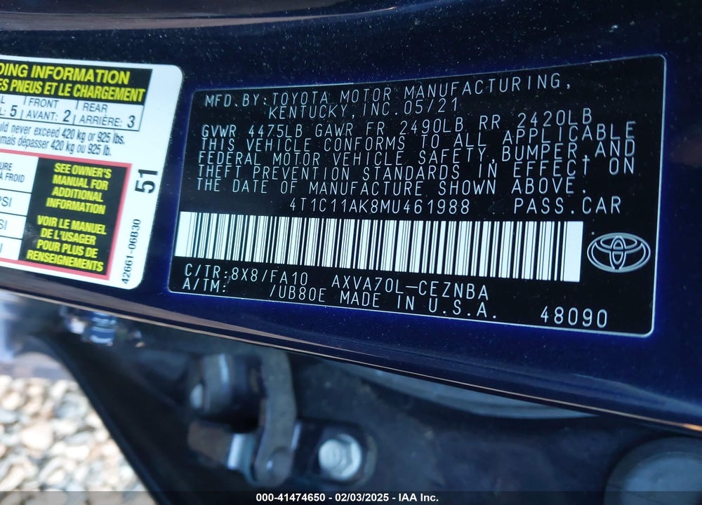 2021 TOYOTA CAMRY VIN: 4T1C11AK8MU461988