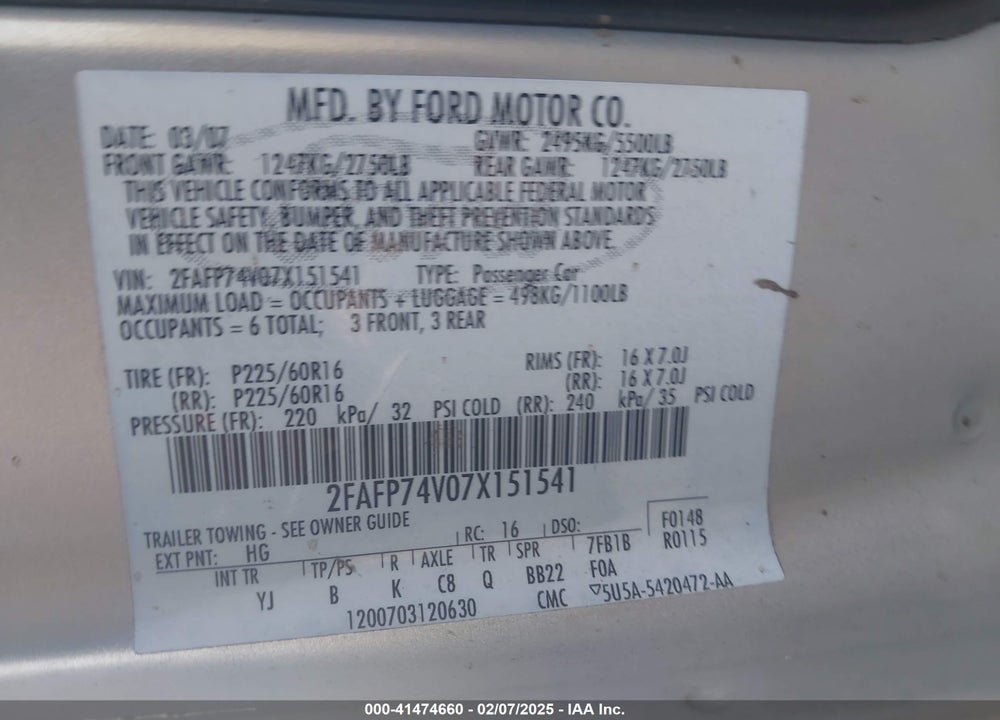 2007 FORD CROWN VICTORIA VIN: 2FAFP74V07X151541