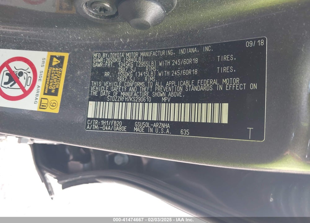 2019 TOYOTA HIGHLANDER VIN: 5TDZZRFH7KS290610