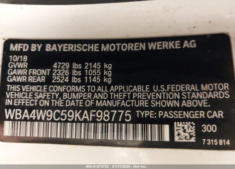 2019 BMW 440I XDRIVE VIN: WBA4W9C59KAF98775