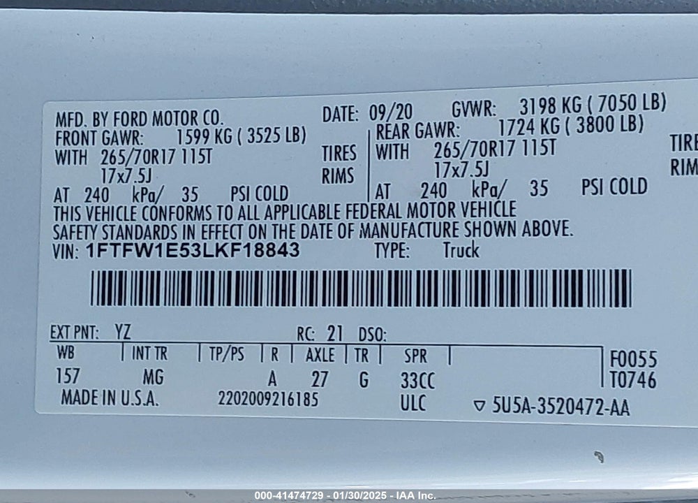 2020 FORD F-150 XLT VIN: 1FTFW1E53LKF18843