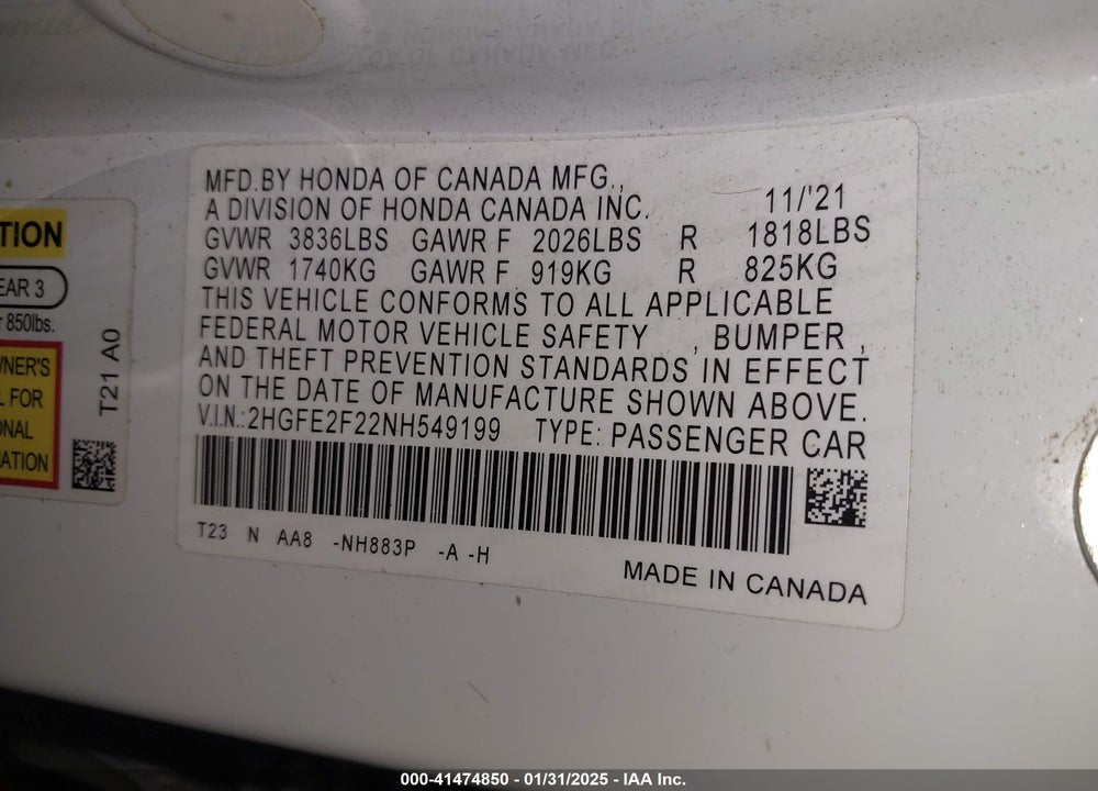 2022 HONDA CIVIC LX VIN: 2HGFE2F22NH549199