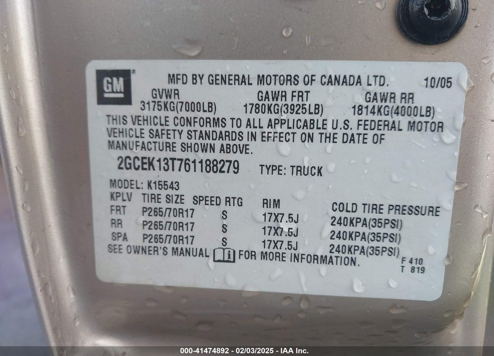 2006 CHEVROLET SILVERADO 1500 VIN: 2GCEK13T761188279