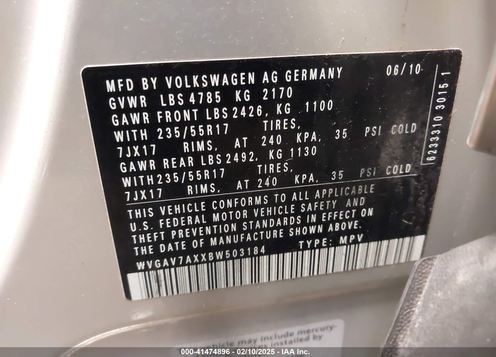 2011 VOLKSWAGEN TIGUAN S/SE/SEL VIN: WVGAV7AXXBW503184