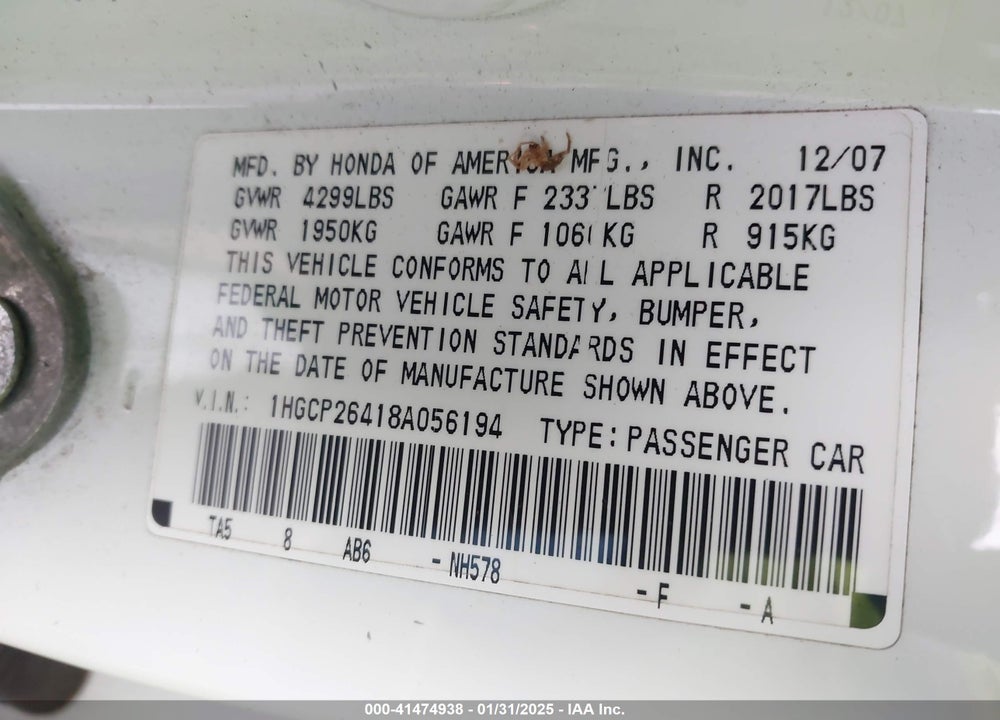 2008 HONDA ACCORD VIN: 1HGCP26418A056194