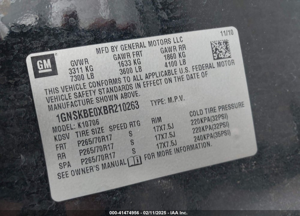 2011 CHEVROLET TAHOE LT VIN: 1GNSKBE0XBR210263
