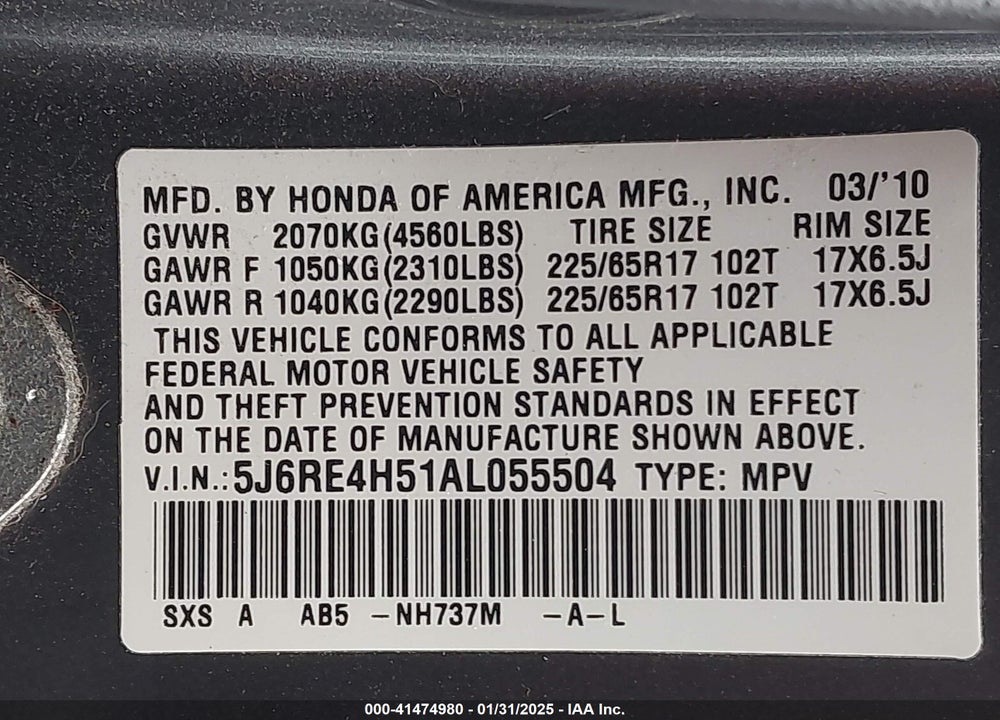 2010 HONDA CR-V EX VIN: 5J6RE4H51AL055504