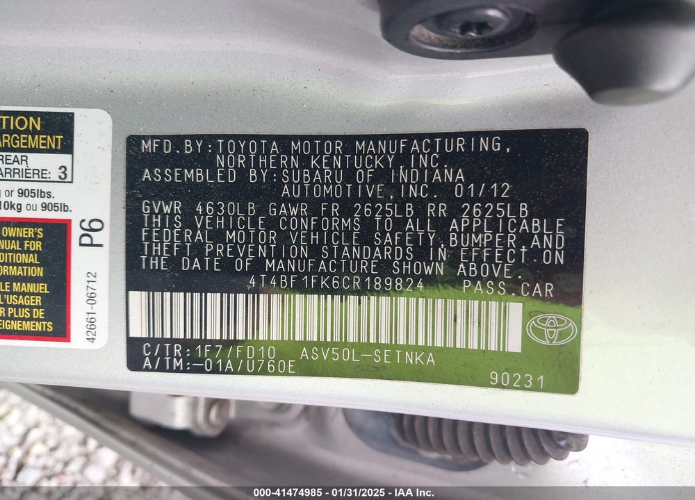 2012 TOYOTA CAMRY LE VIN: 4T4BF1FK6CR189824