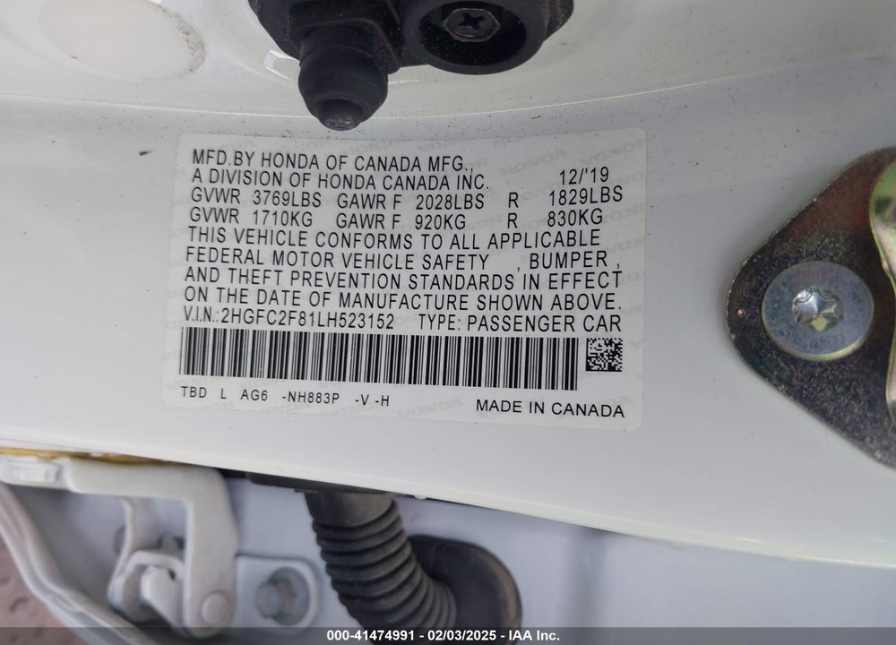 2020 HONDA CIVIC VIN: 2HGFC2F81LH523152