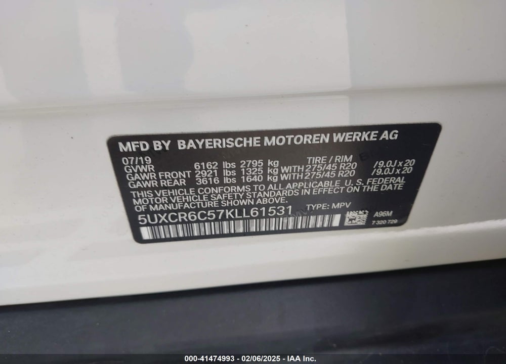 2019 BMW X5 XDRIVE40I VIN: 5UXCR6C57KLL61531