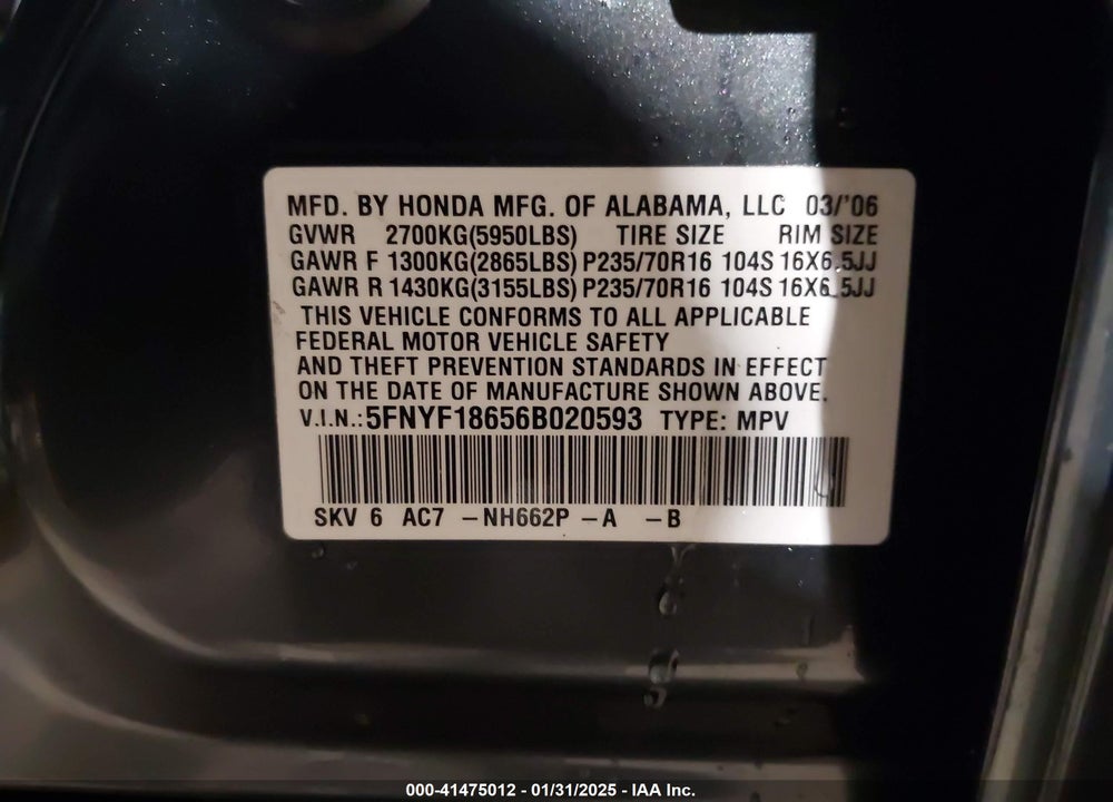 2006 HONDA PILOT VIN: 5FNYF18656B020593