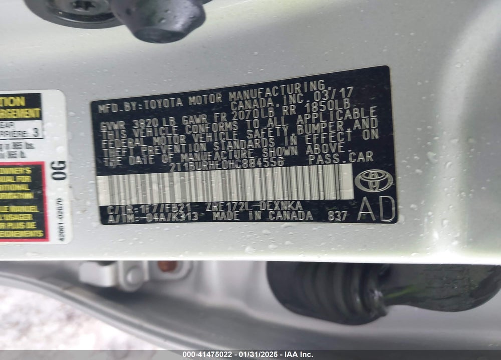 2017 TOYOTA COROLLA VIN: 2T1BURHE0HC884556