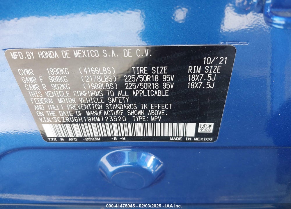 2022 HONDA HR-V AWD SPORT VIN: 3CZRU6H19NM723520