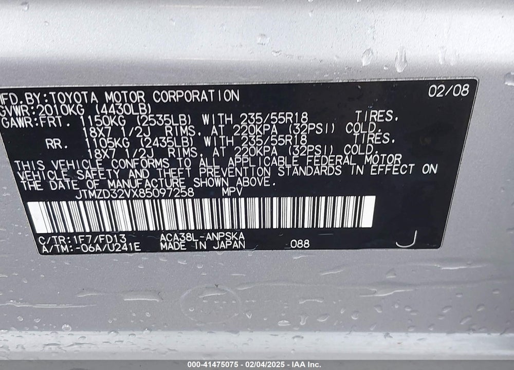 2008 TOYOTA RAV4 SPORT VIN: JTMZD32VX85097258