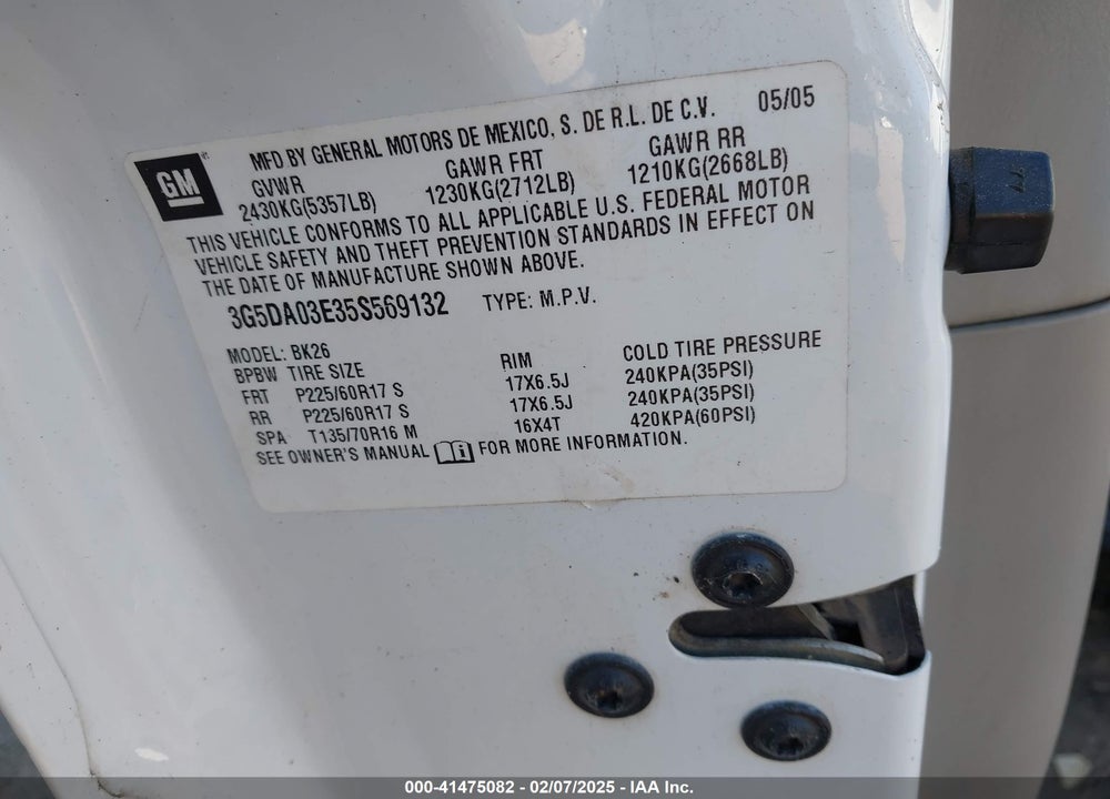 2005 BUICK RENDEZVOUS CX VIN: 3G5DA03E35S569132