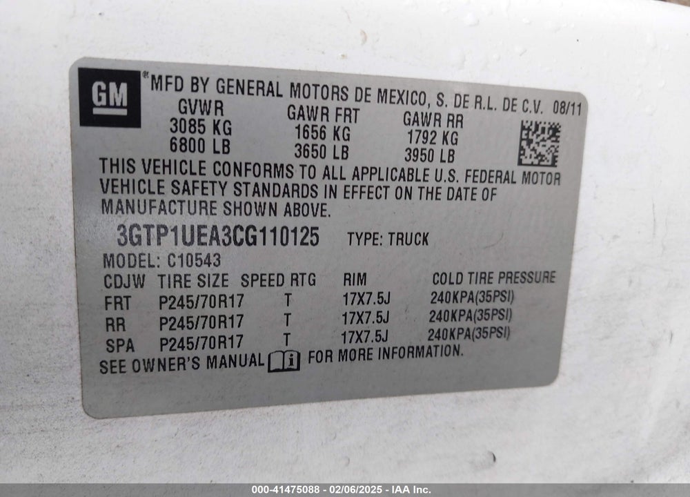 2012 GMC SIERRA 1500 VIN: 3GTP1UEA3CG110125